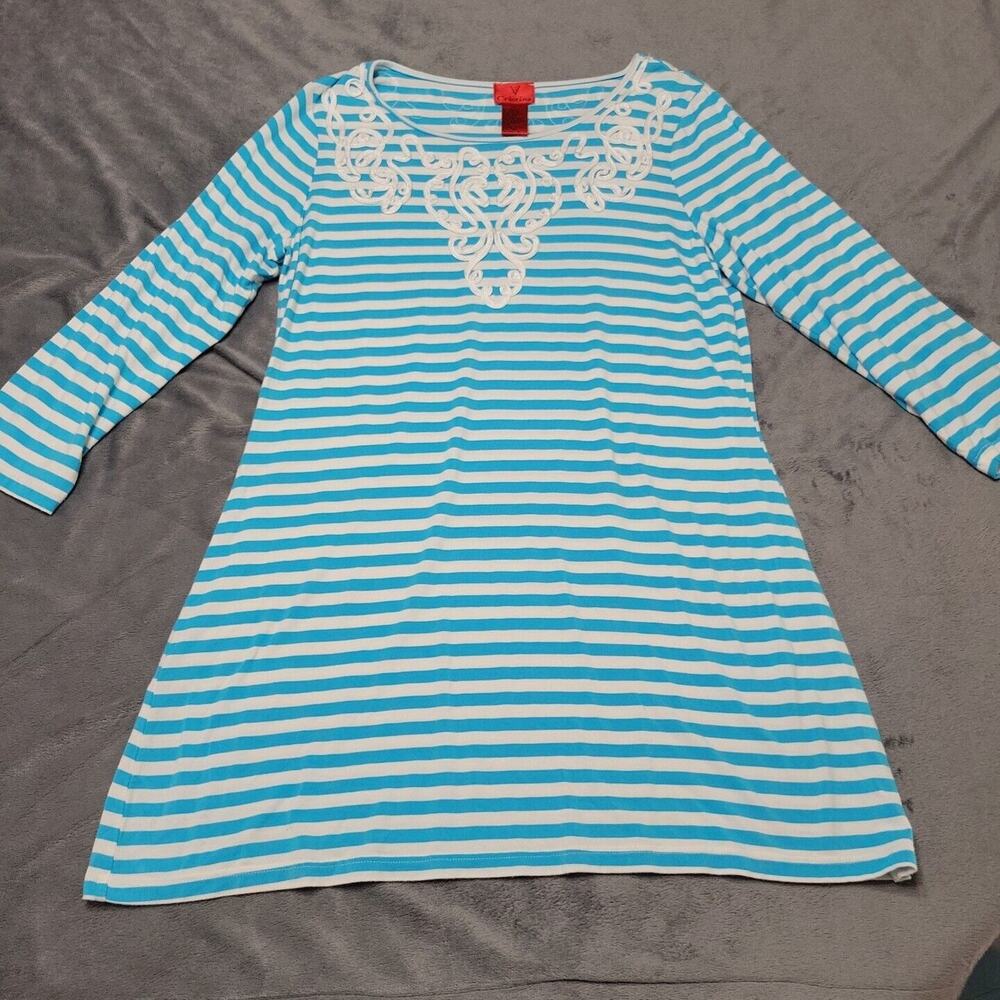 Cristina Shirt Womens Large Blouse Blue Stripe Comfort Stretch 3/4 Sleeve Tunic